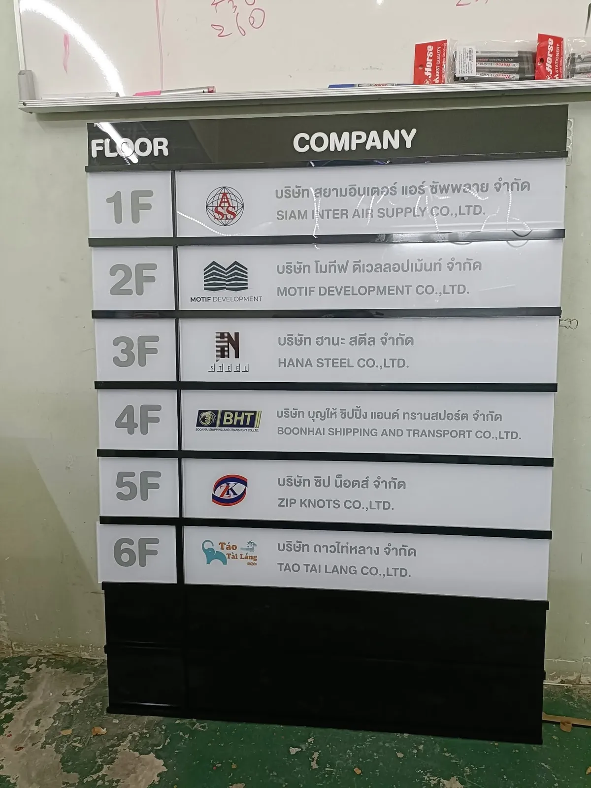 ป้ายอะคริลิคแสดงรายชื่อบริษัทตามชั้นต่างๆ ในอาคาร ตั้งแต่ชั้น 1 ถึง 6