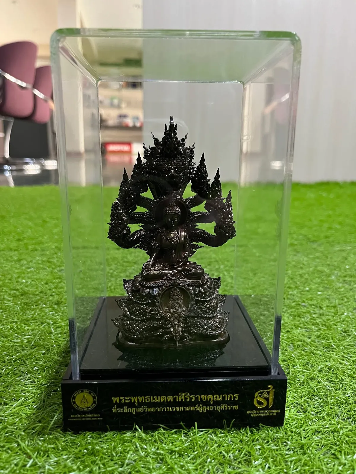 กล่องอะคริลิคใสครอบพระพุทธรูปปางนาคปรกสีเข้ม ตั้งอยู่บนพื้นหญ้าเทียมสีเขียว
